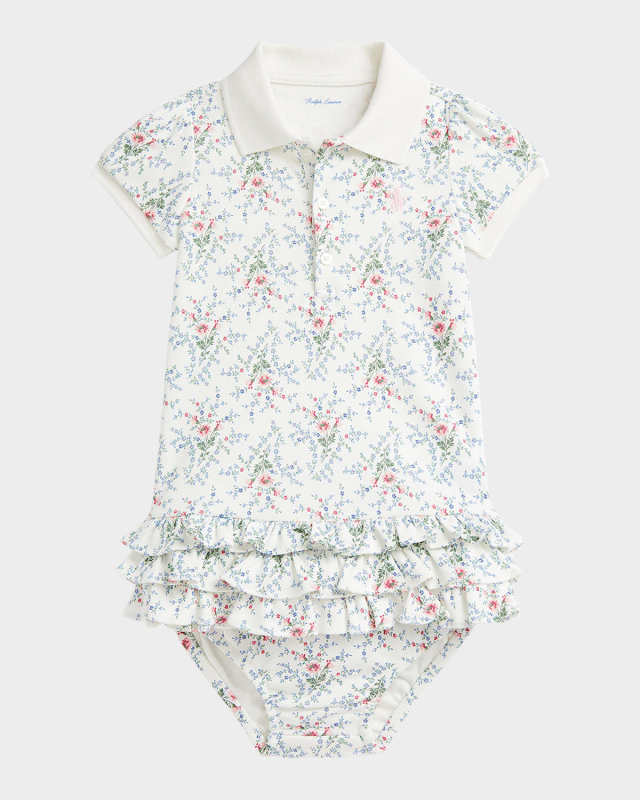 Girl's Floral-Print Ruffle-Trim Polo Dress, Size 3M-24